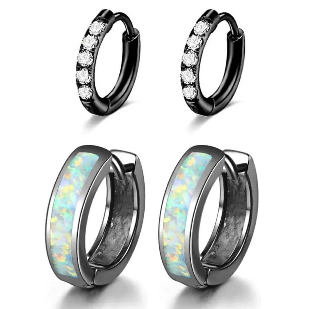 14K Black Gold and 316L White Fire Opal and Diamond CZ Huggie Earrings Set of 2